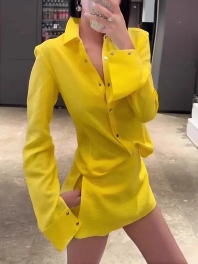 Letni zestaw Y2k Fashion 2-częściowy damski elegancki żółty kołnierzyk polo wąskie koszule + dopamina Streetwear Mini spódniczka damska koreańska szykowność