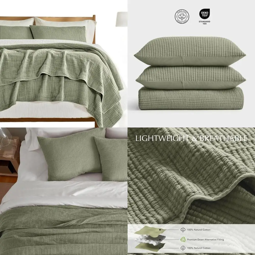 

Полный комплект хлопковых одеял Matelassé в рубчик размера «queen-size», легкое покрывало большого размера с 2-мя шамами, всесезонная светло-зеленая кровать Sage Green