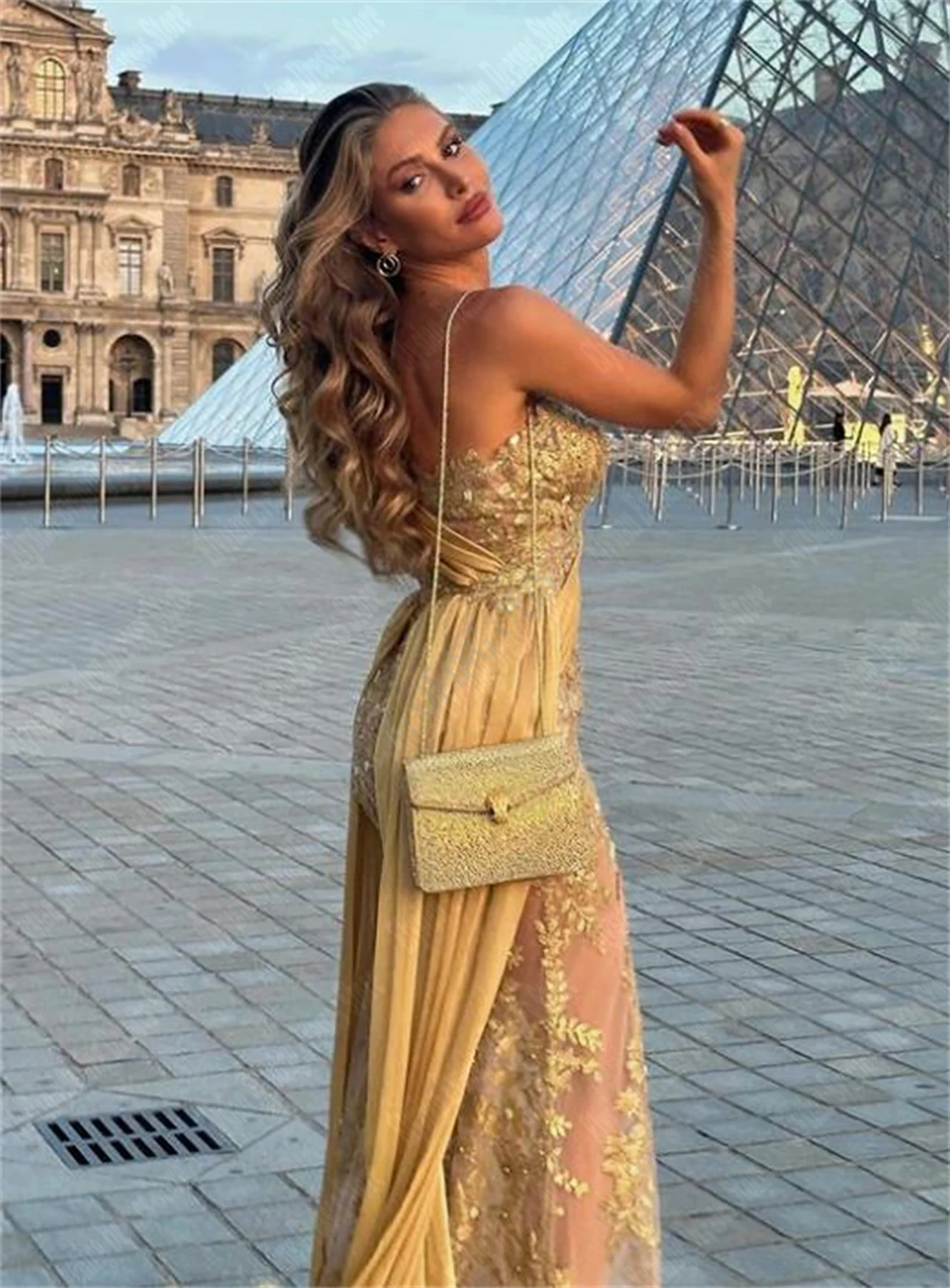 Robe de Soirée Dorée Sexy, Longueur au Sol, Superposée, Transparente, Bal de Bergame, Peu importe le Nouveau, Fente Latérale Haute, pour Femme