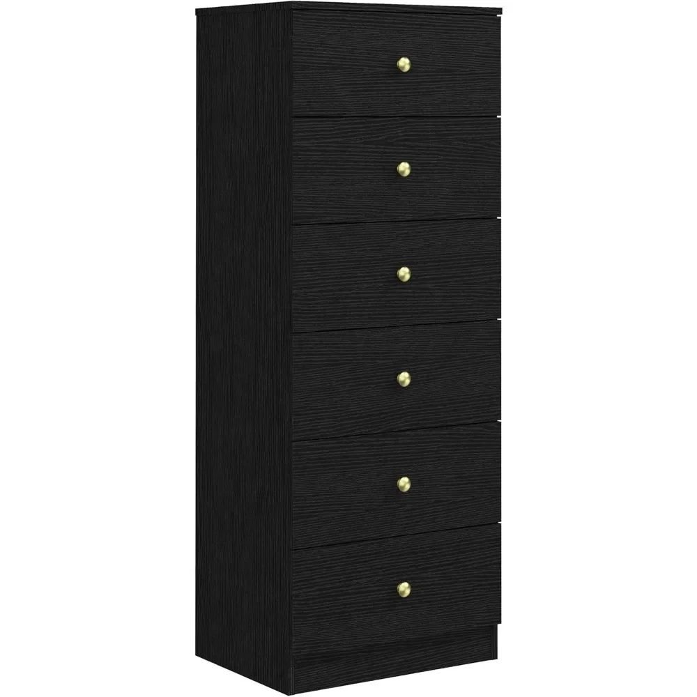 Commode verticale moderne à 6 tiroirs, commode haute en bois, organisateur de rangement en flèche avec tiroirs larges et poignées en métal doré pour