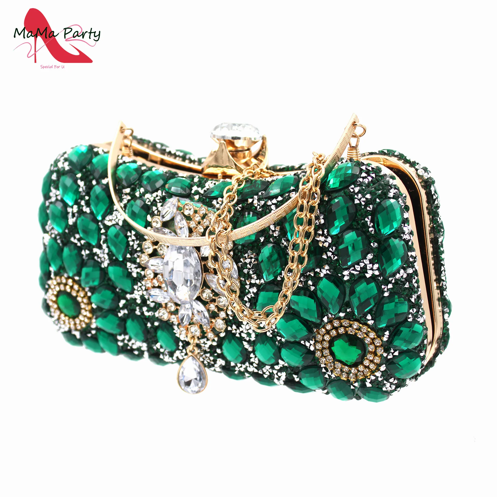 INS Hot Sale Full Crystal Shinning Shoes and Bag Set for Dress in Green Color 2024 Fashion New Arrivals Sandals Christmas Party