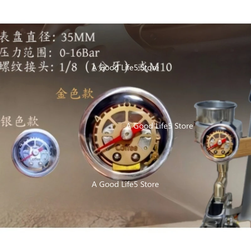For 16bar Pneumatic Coffee Machine Extraction Cup Steam Pressure Gauge YN35 Axial PT Thread Interface 1 Split Tooth Stainless
