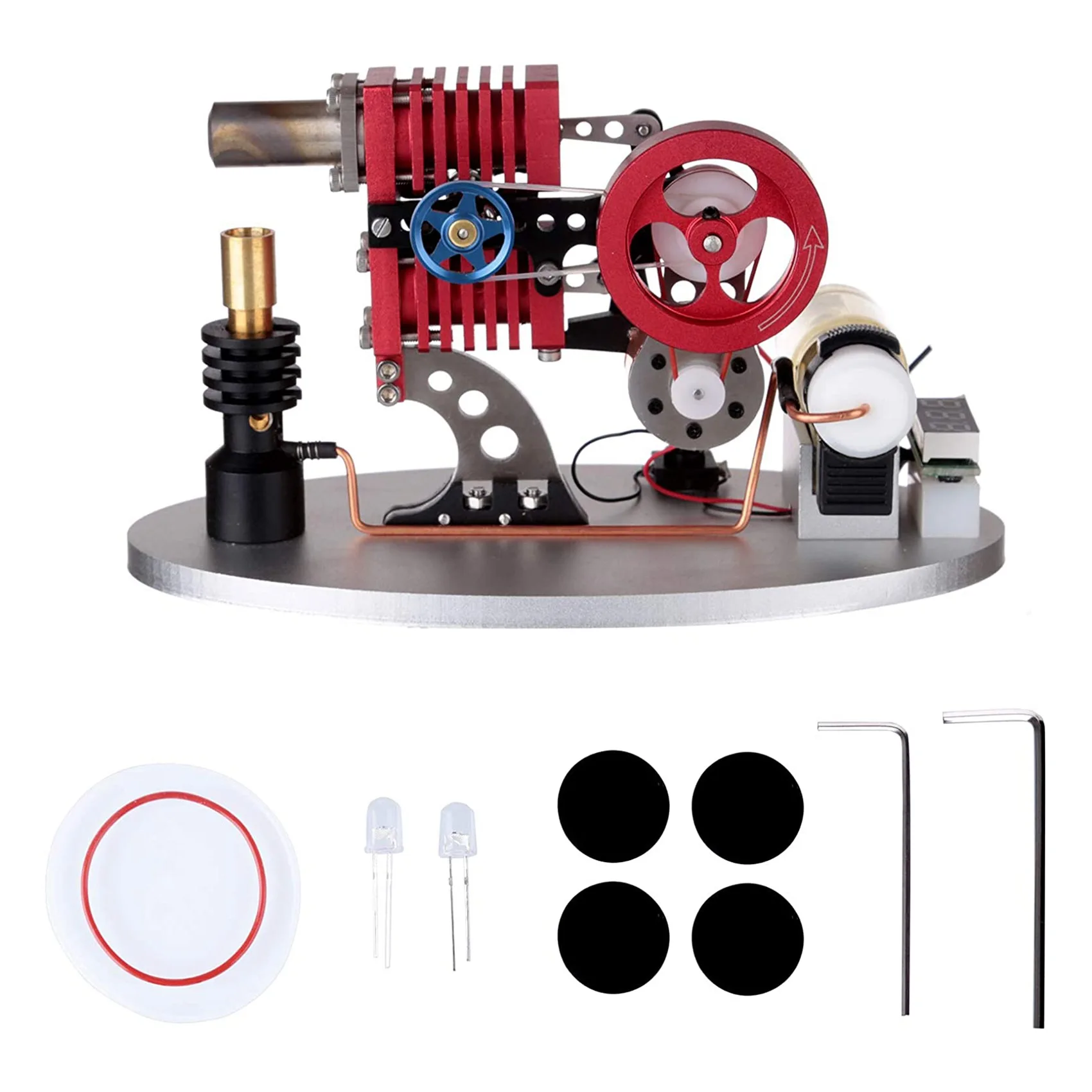

Double Cylinder Double Piston Rocker Arm Linkage Stirling Engine Generator with LED Lamp Beads, Voltage Display Meter