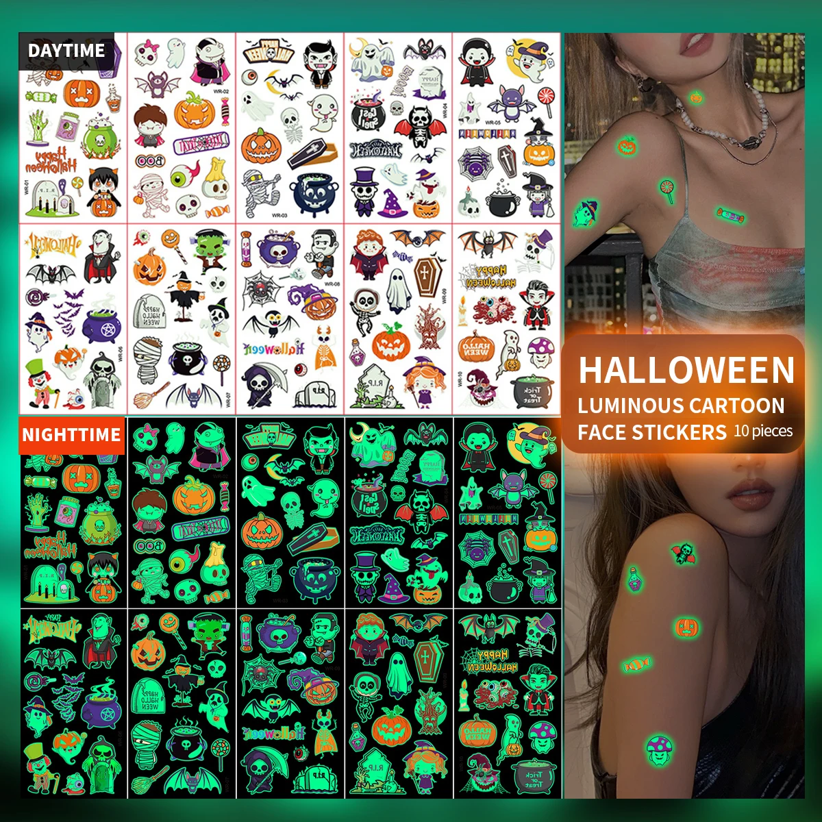 

10pcs Luminous Tattoo Sticker Halloween Festival Decor Ghost Taty Pumpkin Witch Glowing in Dark Temporary Tattoo for Women Men