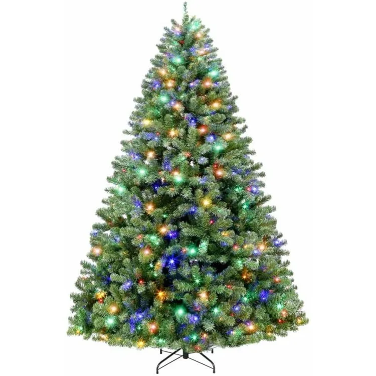 9 ft Prelit Christmas Tree, Artificial Christmas Tree with 600 Color Changing LED Lights, 2100 Tips, Metal Stand and Hinged