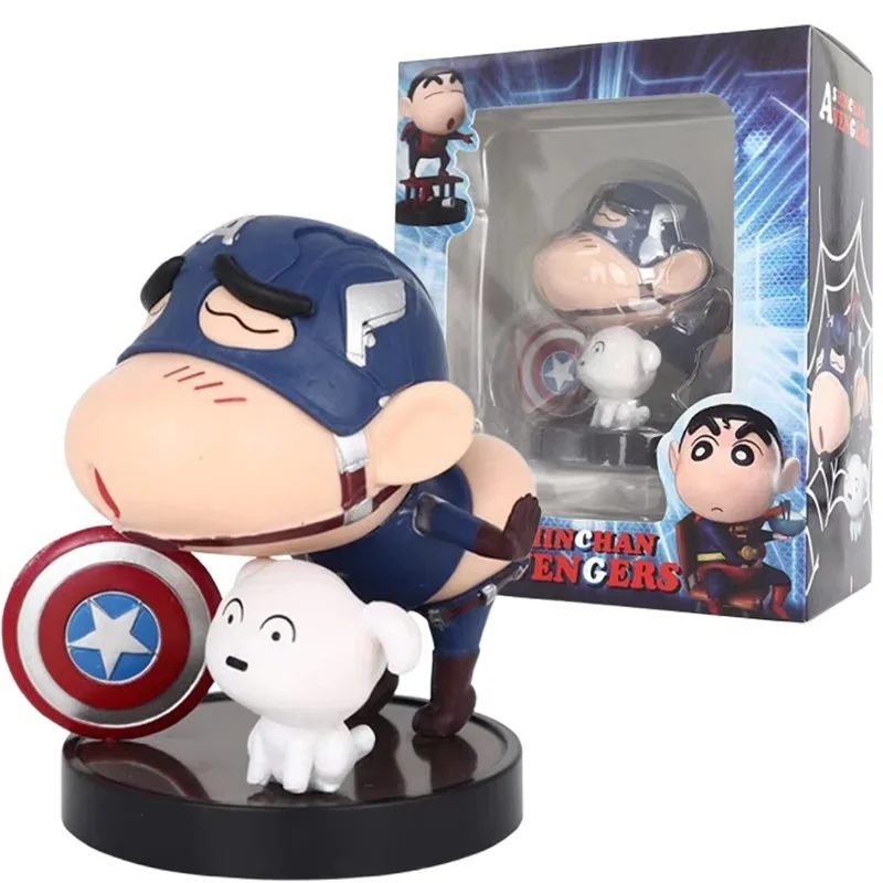 Crayon Shin-chan Cos Spiderman Capitán América figura de acción Anime Shin Chan Figura Kawaii muñeca modelo adornos juguetes niños regalo