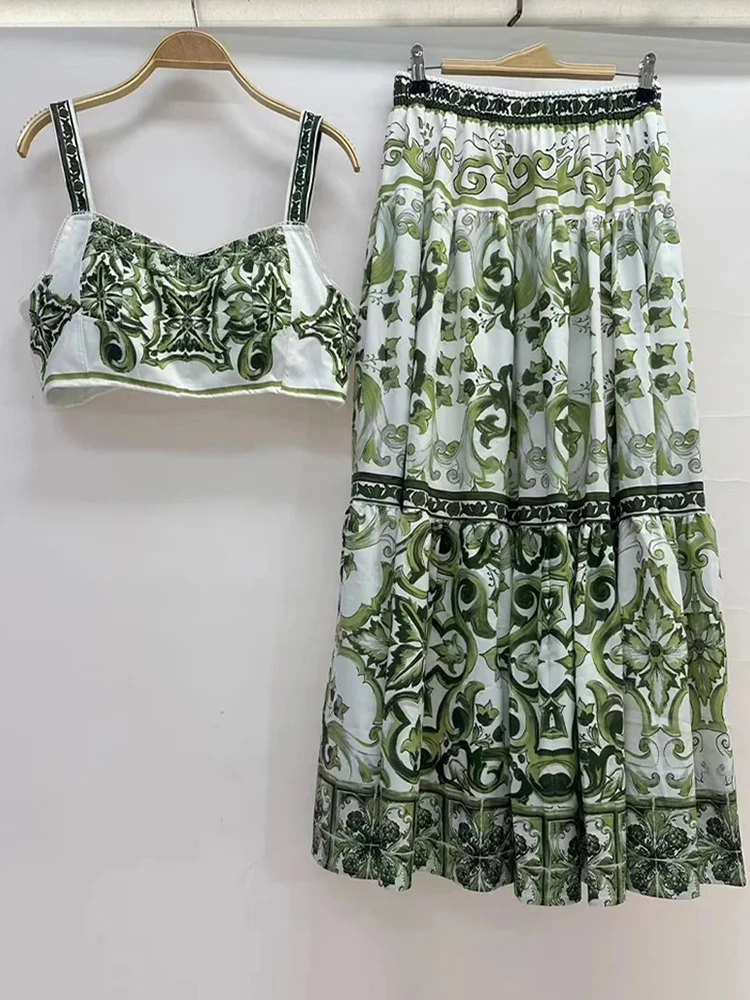 2026 Summer Women's Clothing Retro Print Sexy Tube Top Suspender Top Two-piece Set + High Waist Pleated Loose Skirt Fashion Suit image 4