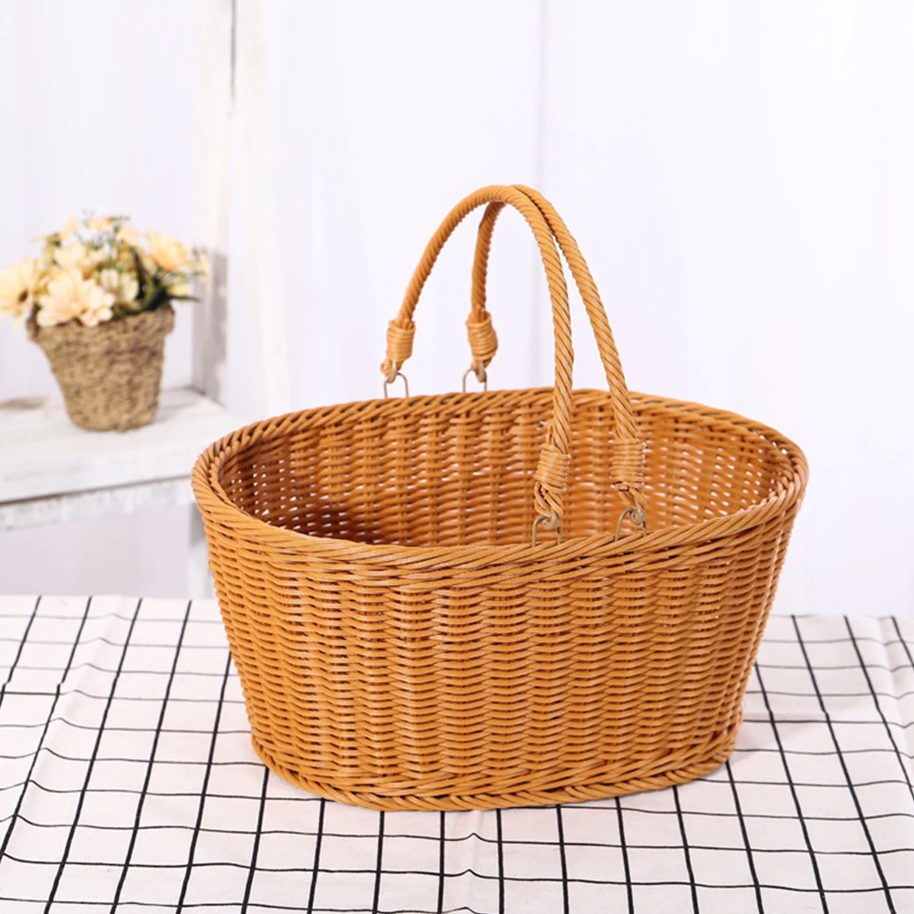 

1pc Simulated Rattan Woven Durable Snack Storage Portable Flower Basket Home Decoration Basket Light Brown Size S Oval Shape