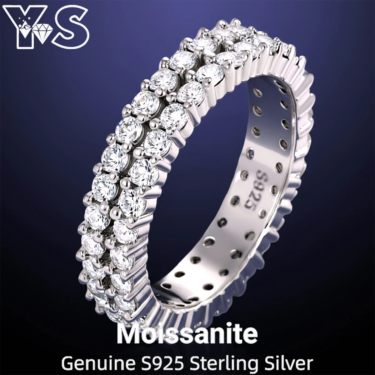 

S925 Silver 2mm Moissanite Double Row Wedding Engagement Rings Luxury Stackable Elegant Daily Jewelry Gift for Women Girlfriend