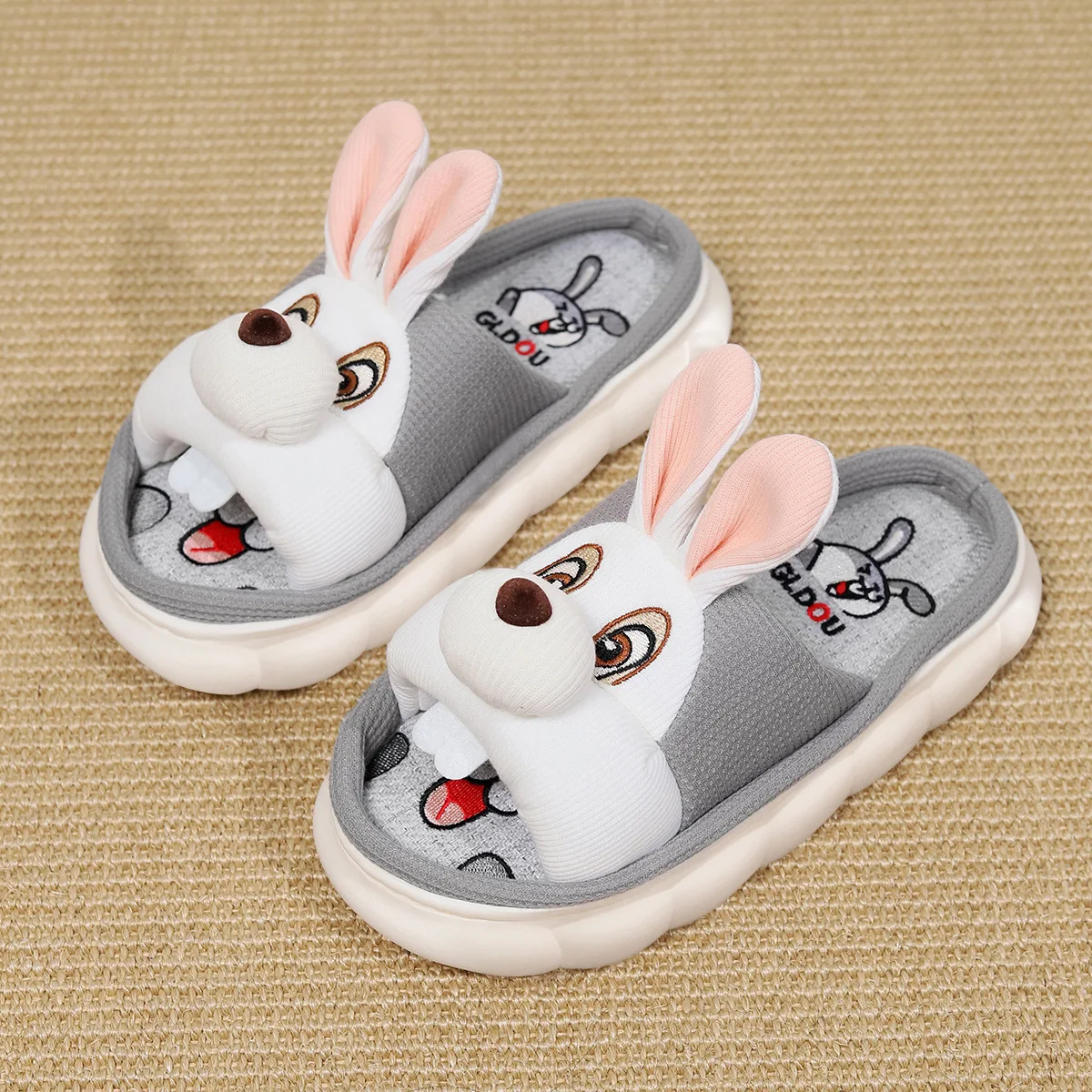 Cute Rabbit Linen Slippers Women\'s Four Seasons Home Room Sweat Absorbing and Deodorant Thick Bottom Spring and Linen Sandals