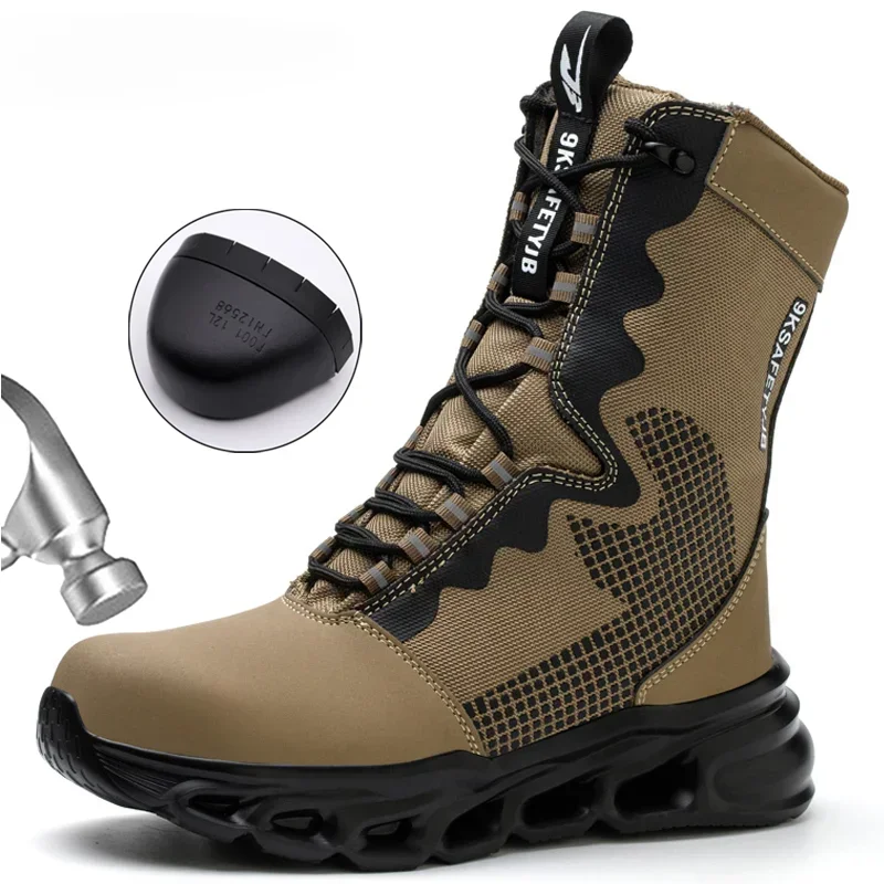 Men Safety Boots Puncture-Proof Work Boots Steel Toe Mid-Calf Boots Outdoors Combat Indestructible Protective Shoes Size 37-47