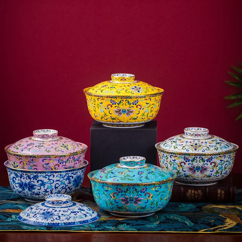 7 Inch Noodle Bowl with Lid Set Jingdezhen Ceramic Bone china Soup Bowl Kitchen Dinnerware Outside Rice Box Fruit Sala Big Bowls