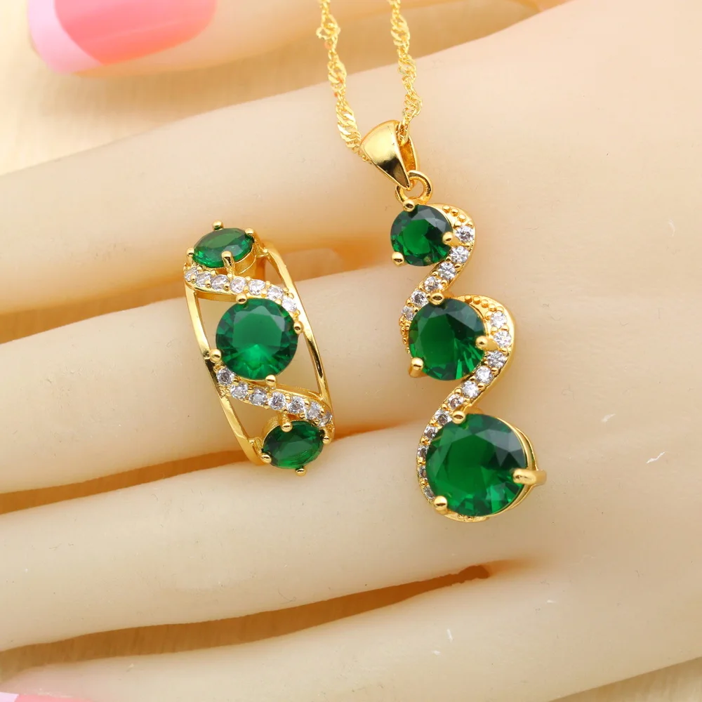 WPAITKYS Green Stones Gold Color Jewelry Sets For Women Party Bracelet Long Earrings Necklace Pendant Rings Free Gift Box