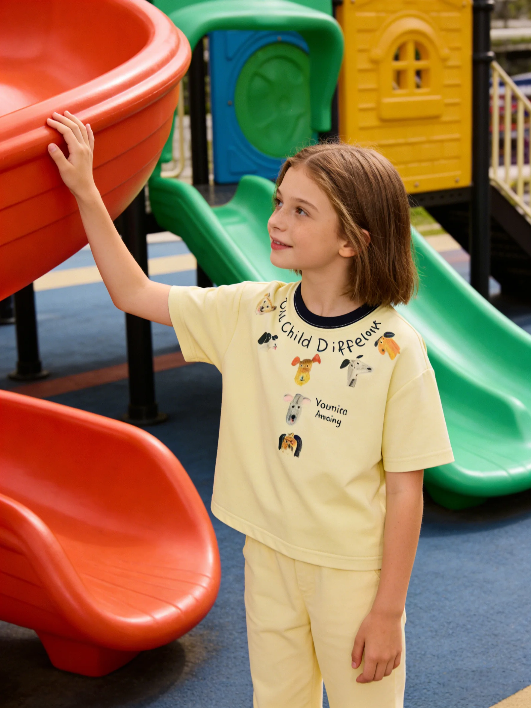 

YMGN Kids Dog Print T-shirt, Light Yellow Crew Neck Short Sleeve Casual Summer Tee For Boys And Girls