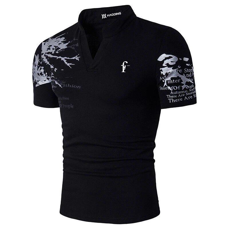 Men Fashion Slim Fit Print Stand Collar Casual Short Sleeve T Shirt .