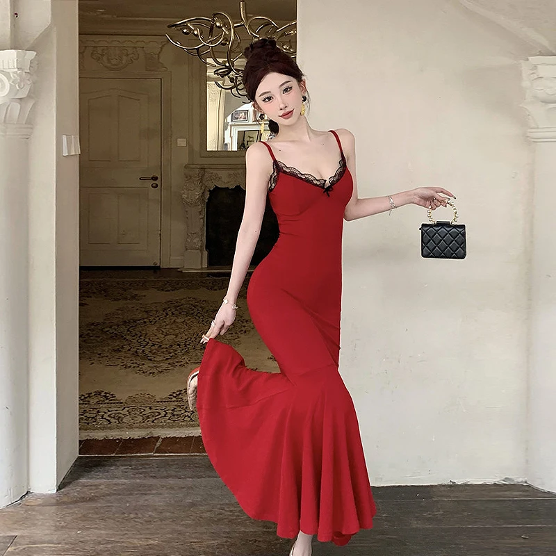 الرغبة النقية مثير الدانتيل الخامس الرقبة فستان بروتيل المرأة S ذيل السمكة فستان طويل