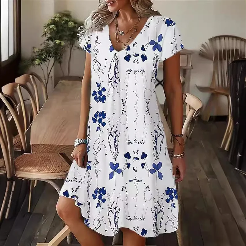 Summer floral women's dress, casual Bohemian beach dress, short-sleeved V-neck, sexy 3D printed loose A-line dress
