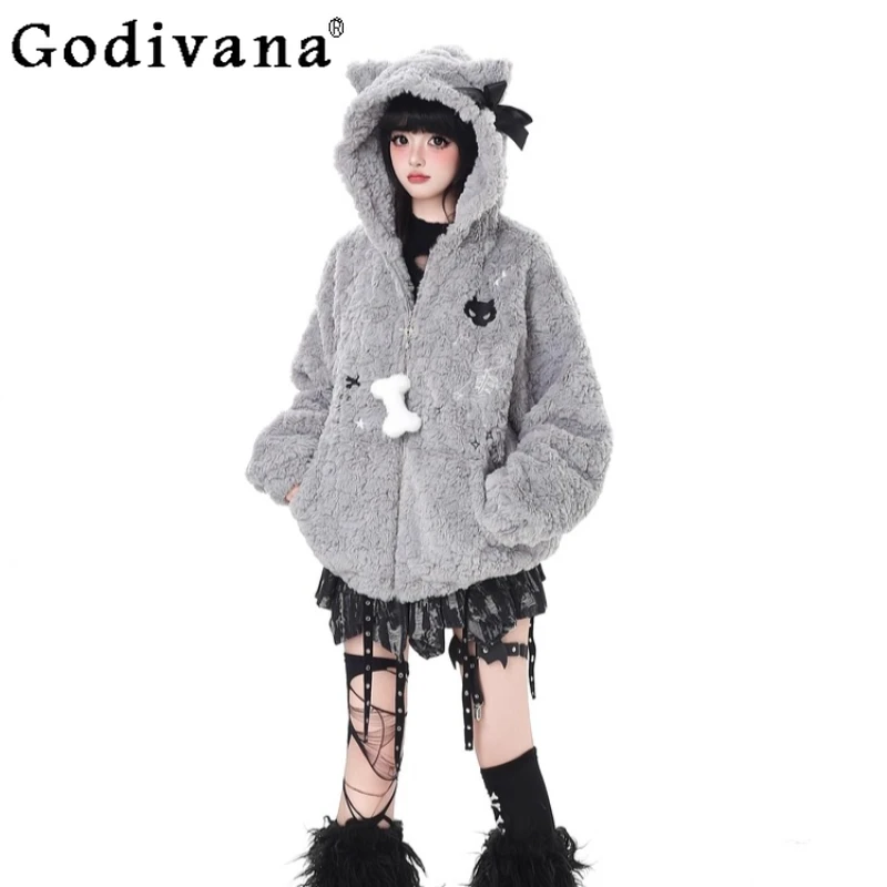 

Свободная универсальная куртка из искусственного меха с капюшоном для женщин, зимняя повседневная плюшевая теплая куртка из овечьей шерсти, женское пальто из искусственного меха в японском стиле