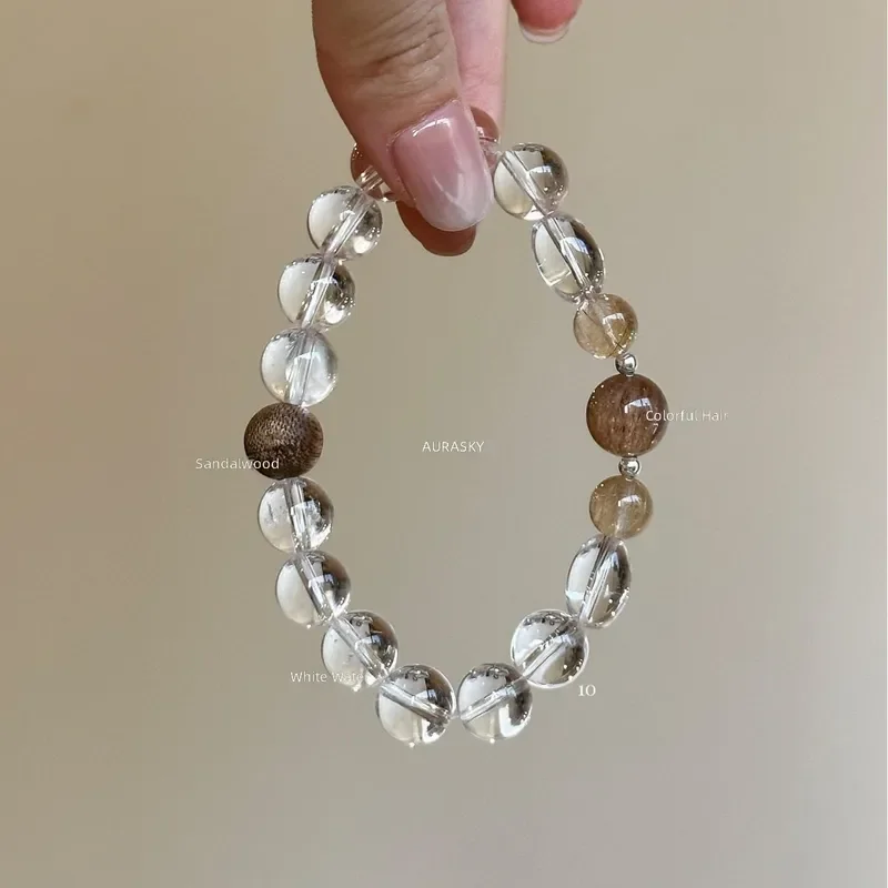 [Frost Brown Shadow] Natural White Crystal Black Gold Super Seven Agarwood Bracelet New Chinese Simple Crystal Bracelet Women