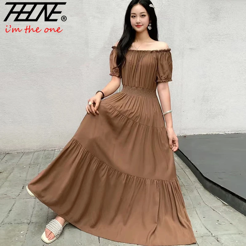 THHONE Vestido Feminino szata sukienka kobiety lato artystyczne wakacje Off The Shoulder plaża Boho w pasie Casual długie sukienki