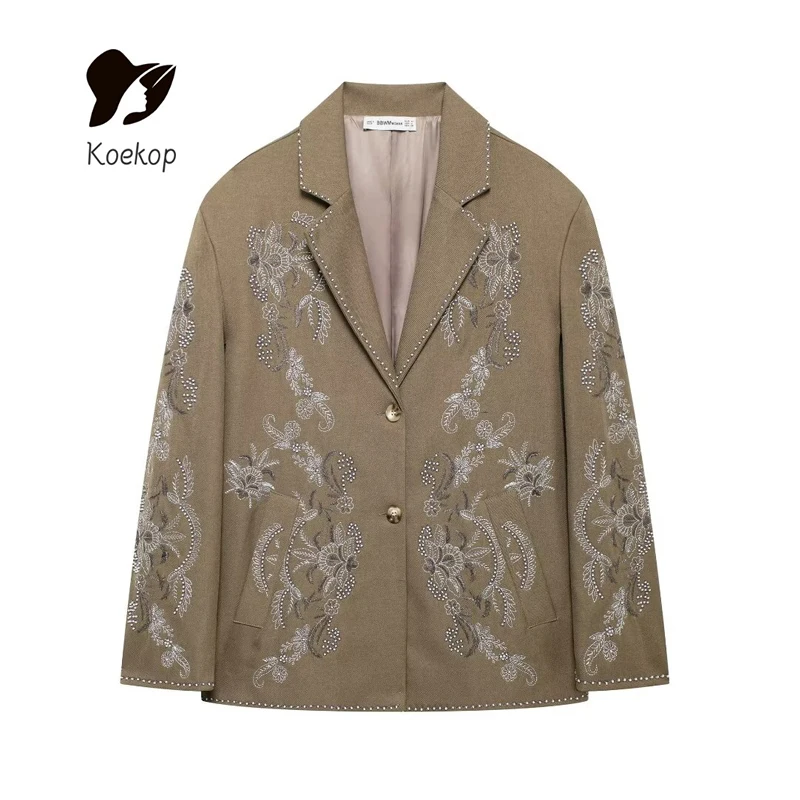 Koekop Women's Fashion Color-Collision Embroidery Decoration Blazer Vintage Casual Temperament Women's Chic Lady Blazer Jacket