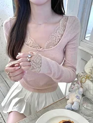 Pink Sexy V-neck Lace Stitching Bow T-shirt Women Autumn Winter Sweet Long Sleeve Slim Tops Korea Chic Design Casual Blouse 2025