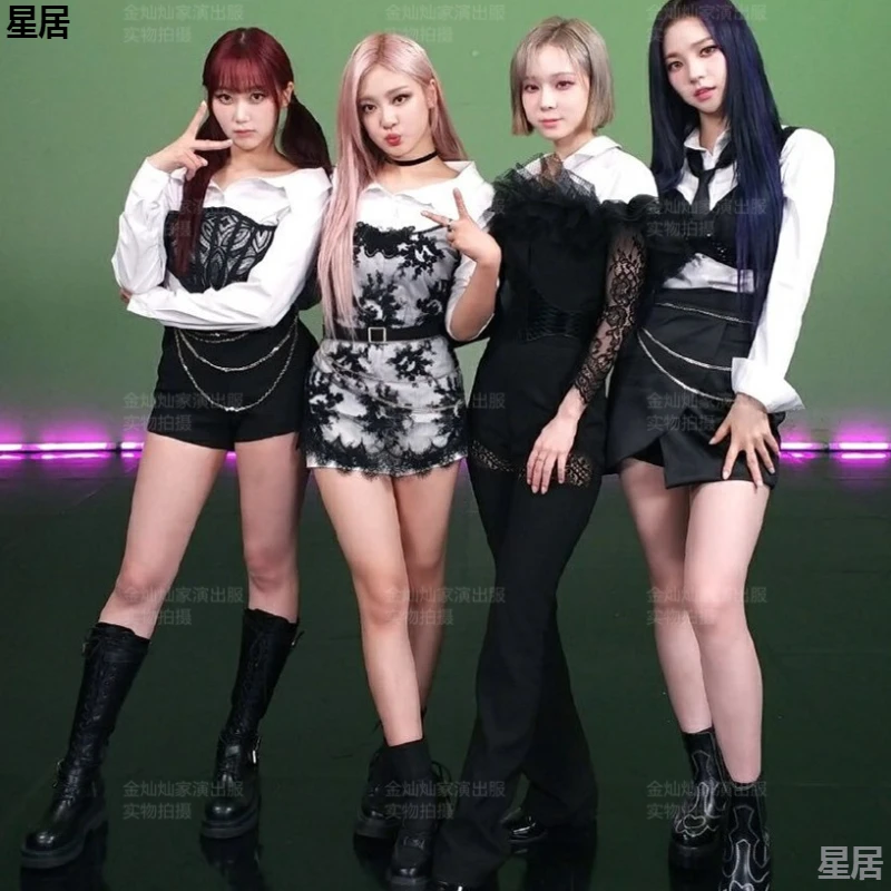 

Женская одежда для джазовых танцев Kpop, черные короткие топы, танцевальная юбка в стиле ретро, короткая юбка в стиле хип-хоп, облегающие шорты, костюм для сцены