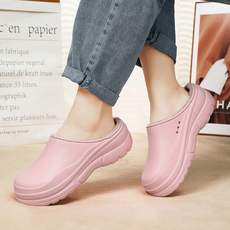 STRONGSHEN Men Winter Slippers Garden Shoes Plush Warm House Slippers Women Waterproof Cotton Chef Shoes Non-slip Fuzzy Slipper