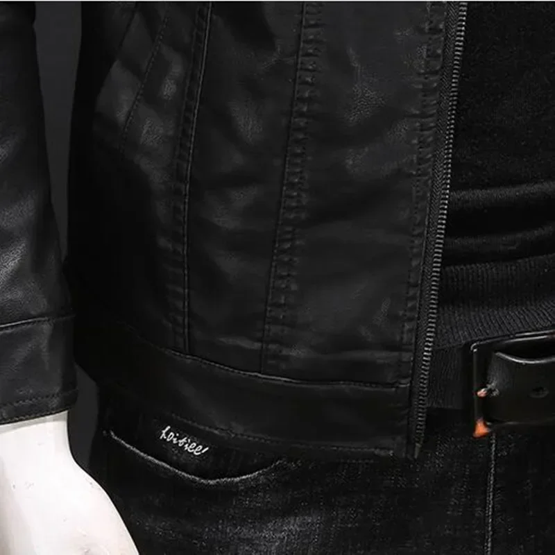Men\'s Motorcycle Leather Jacket Large Size Pocket Black Zipper Lapel Slim Fit Male Spring Autumn High Quality PU Coat