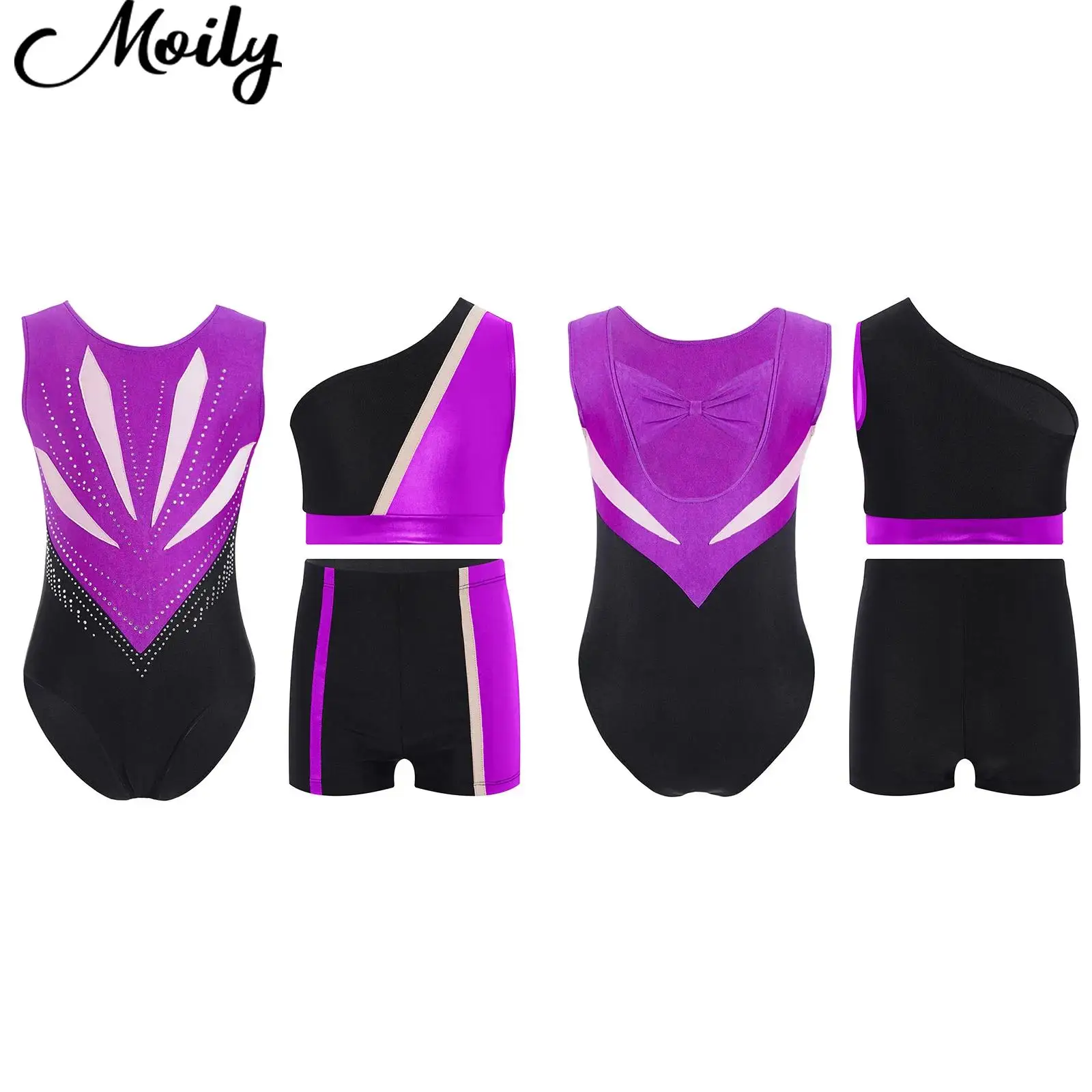 

Gymnastics Dance Outfit for Girls Figure Skating Athletic Suits Color Block Workout Yoga Sports Set Crop Top Shorts Leotards Set