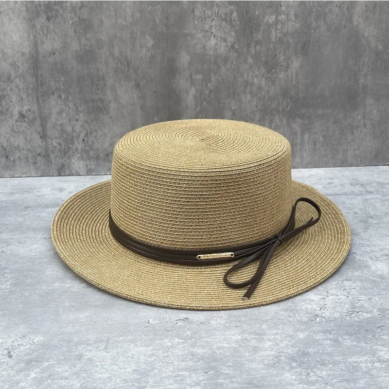 Women's Summer New French Straw Flat Top Hat Leather Bow Beach Vacation Cap