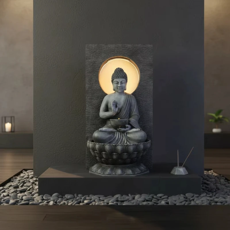 Hot-selling factory direct sales Feng Shui Buddha statue resin outdoor fountain LED light living room decoration 77x60x150cm