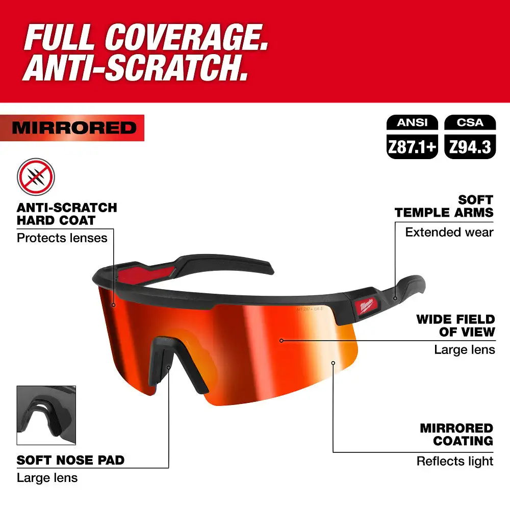Milwaukee 4932500723 Safety Glasses, Red Mirror Lens Anti-Scratch Full Coverage Protective Goggles for Construction Work