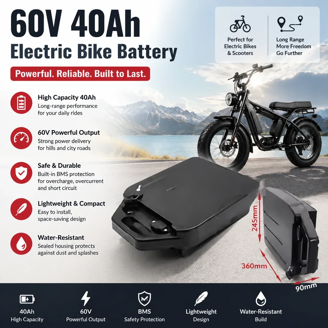 Image of 60V 40Ah Lithium-Akkupack für Elektromotorräder, 2000W Hochleistungsmotor, geeignet für Harley Davidson, faltbaren Citycoco-Elektroroller, inklusive kostenlosem Ladegerät