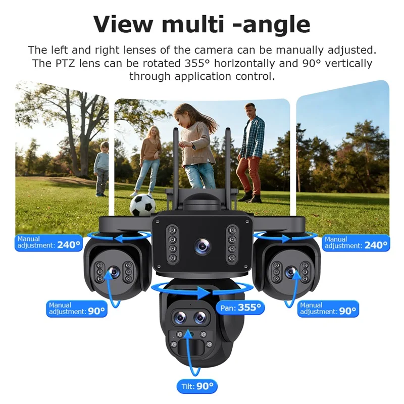 INQMEGA 4 Screens 5-lens AOV Solar Surveillance Cameras 4G 24/7 Recording Outdoor 10X Optical Zoom Auto Tracking 12W Solar Panel