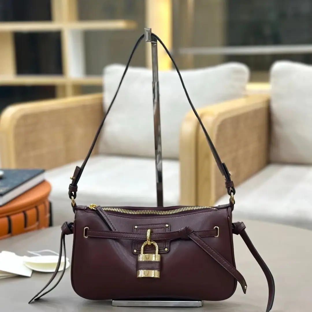 Soft Lambskin Lock Bag Vintage Gold Lock Decor Zipper Closure Adjustable Strap Crossbody Underarm French Retro Women Handbag