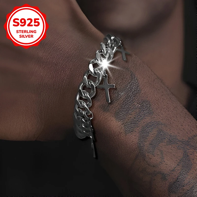 

925 sterling silver hip-hop Cuban cross men's bracelet is suitable as an exquisite jewelry gift for men