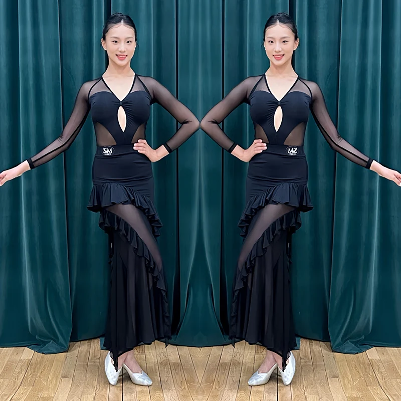 เซ็กซี่ห้องบอลรูมเต้นรําชุดแขนยาวสีดําชุดBacklessมาตรฐานWaltzชุดหญิงห้องบอลรูมDancewear VBH1789