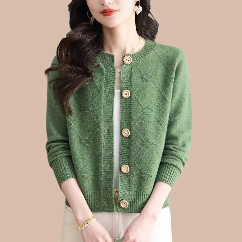 

Женский свитер, осенне-зимний однобортный свободный однотонный кардиган с круглым вырезом, новое повседневное модное элегантное женское вязаное пальто