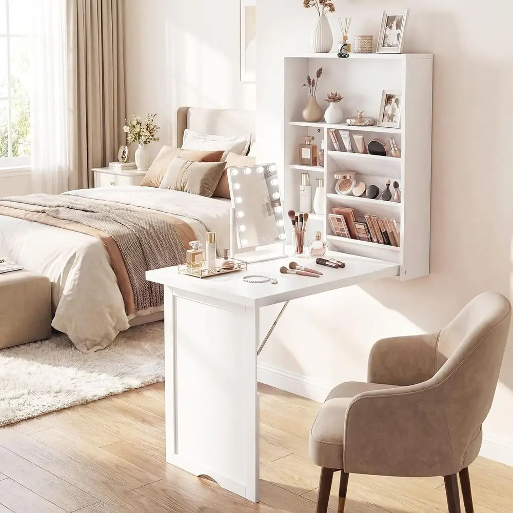 Space-Saving Wall Desk with Storage, Convertible Floating Table for Small Spaces, Home Office, Dorms, White