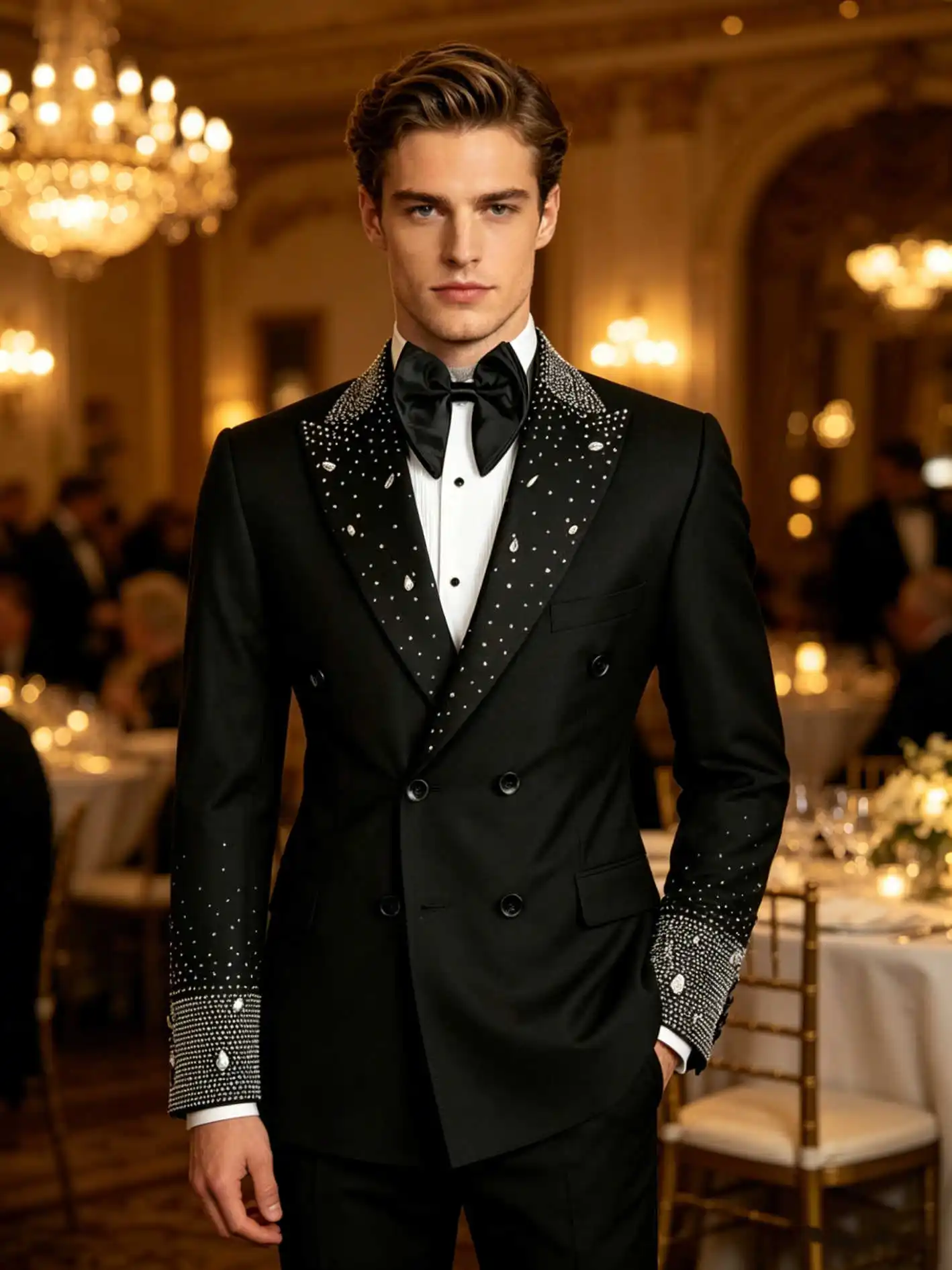 Handmade Crystal Embellished Trim Men's 2-Piece Blazer Set Double-Breasted Formal Suit for Luxury Gala Events Customized