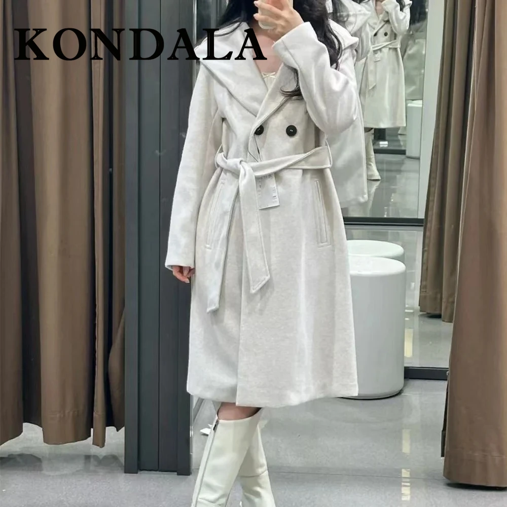 

KONDALA Chic Elegant Beige Casual Woman Fashion 2025 Coats Double Breasted Sashes Outwear Vintage Pockets Loose Female Trench