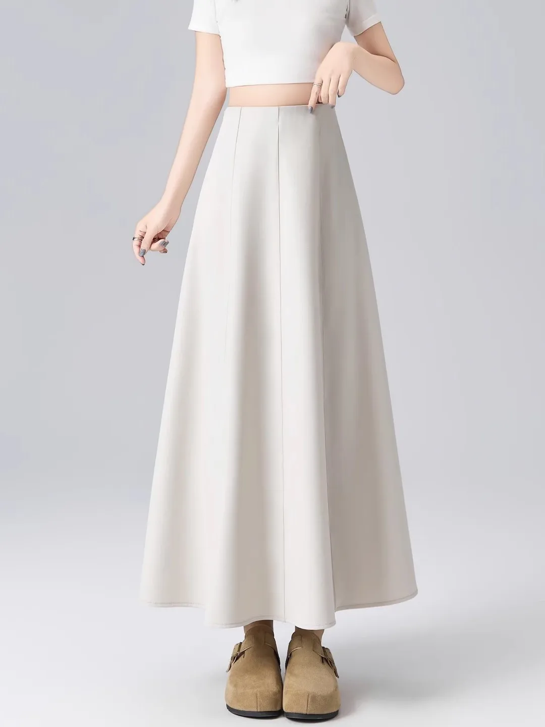 

Светло-бежевая плиссированная юбка-трапеция с высокой талией для женщин, летняя, стройнящая, струящаяся, длинная юбка-солнце