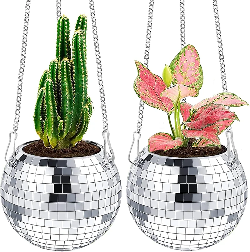 Disco-Spiegelkugel Hängender Blumentopf Sukkulenten-Pflanzgefäß für Innen- und Gartenbereich Wanddekoration Vase mit Holzring-Kette – Detail 16