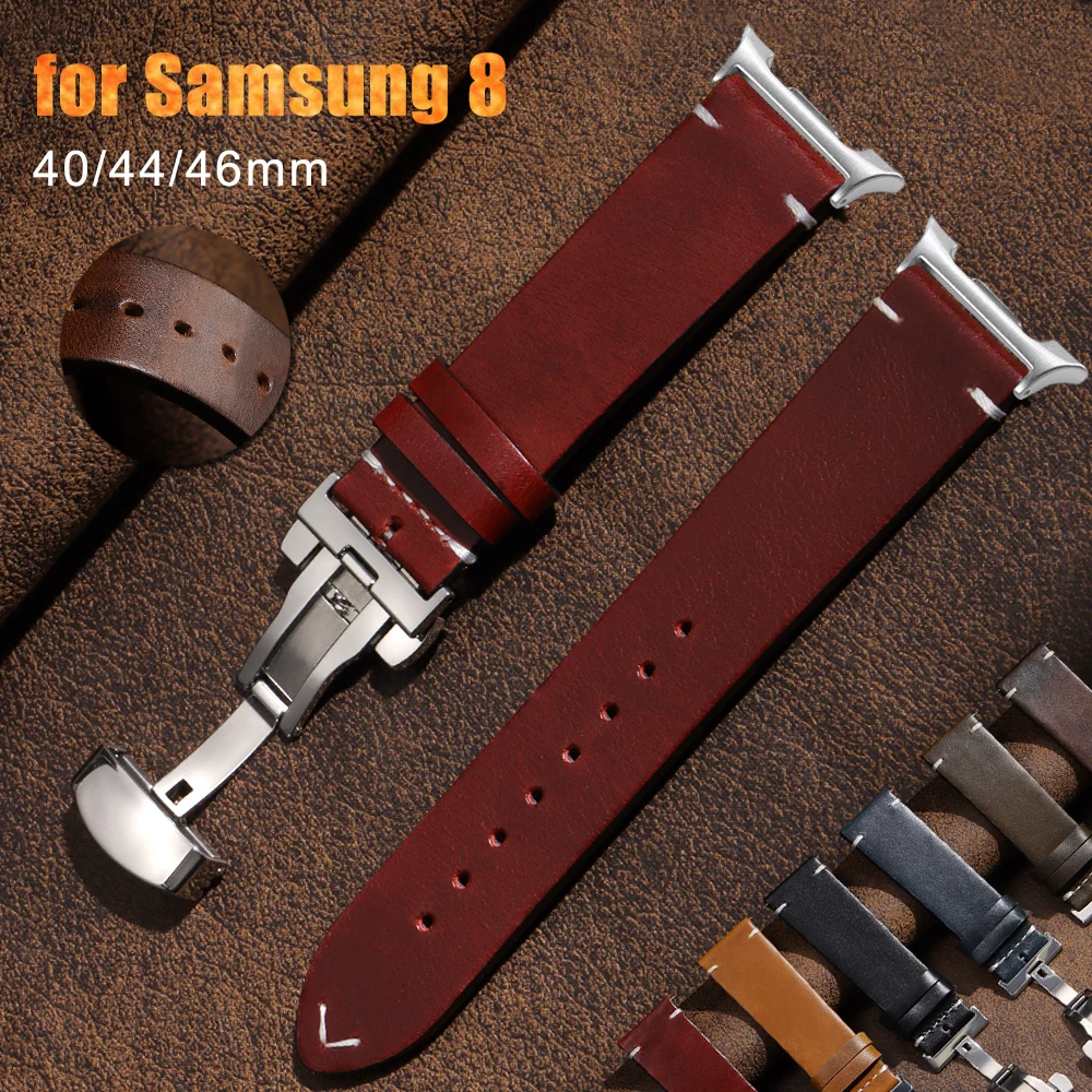 Vintage Calfskin Strap for Samsung Galaxy Watch 8 Classic 46mm Bracelet for Galaxy Watch 8 44mm 40mm Butterfly Buckle Wristband