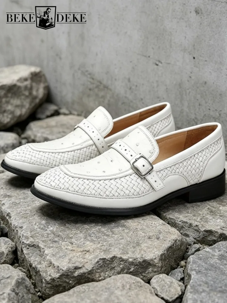 Male Luxury Ostrich Leather Business Formal Shoes Fish Skin Real Leather Footwear British Style Slip-on Work Mens Dress Shoes