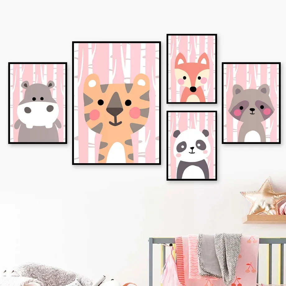 Pink Forest Animals Panda Frog Tiger Wall Art Canvas Painting Nordic Posters And Print Wall Pictures Baby Kids Room Home Decor