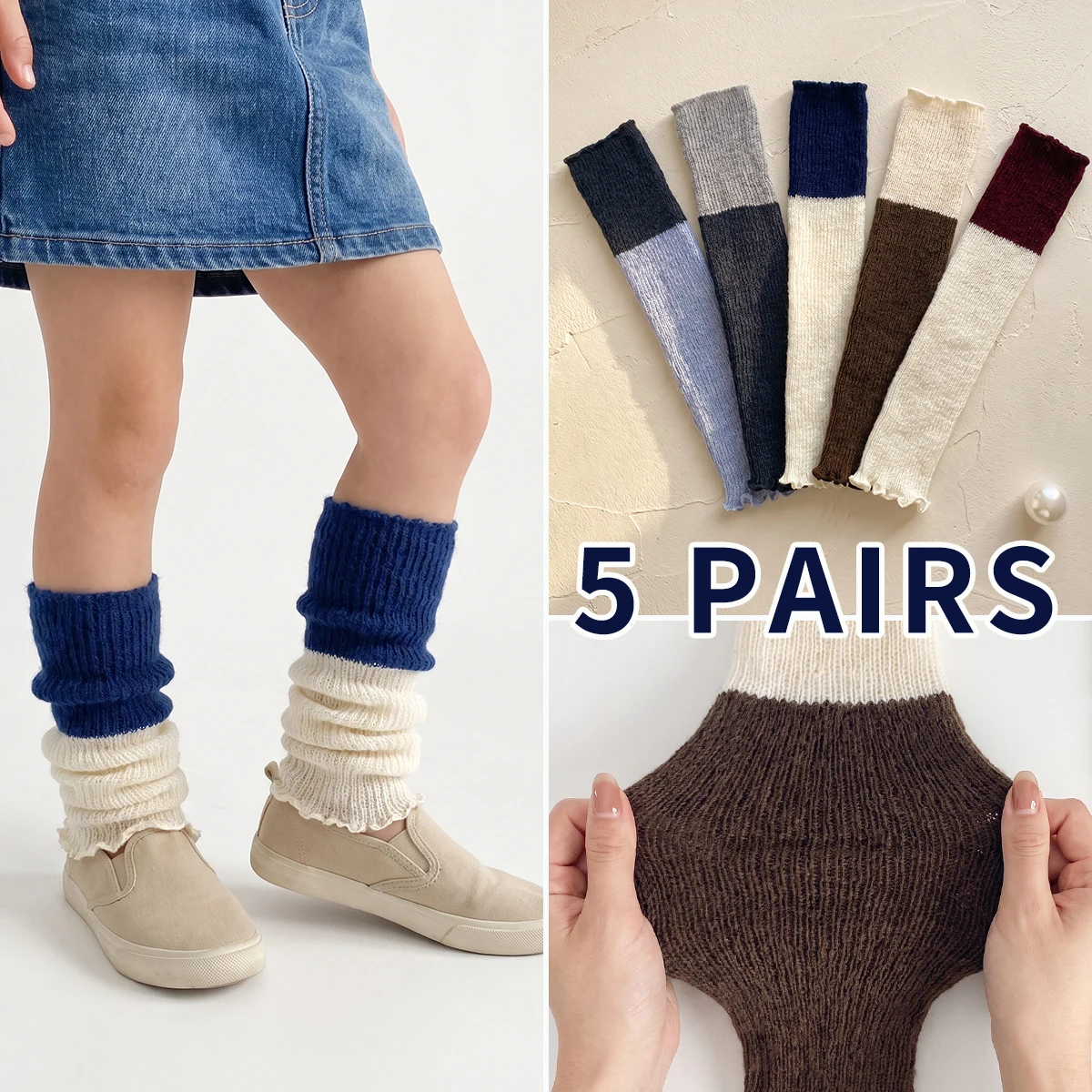 Kinder-Farbblock-Gerippte Beinwärmer, Mädchen-Socken mit Rüschenrand, 5 Paar Kleinkind-Beinwärmer für Frühling und Herbst – Detail 1