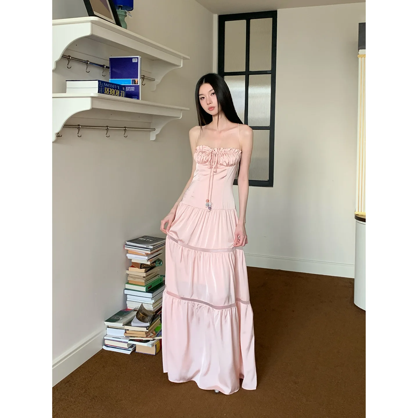 Robe de princesse rétro en Satin rose pour femmes, sans bretelles, à nouer, panneau découpé, coupe cintrée, luxueuse, Style princesse féerique, robe de soirée/gala