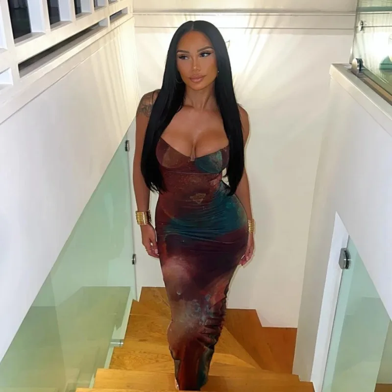 EOENKKY Abiti lunghi estivi Donna Elegante cinturino per spaghetti Abito sottile Vintage Tie Dye Stampa Abiti casual da donna 2025